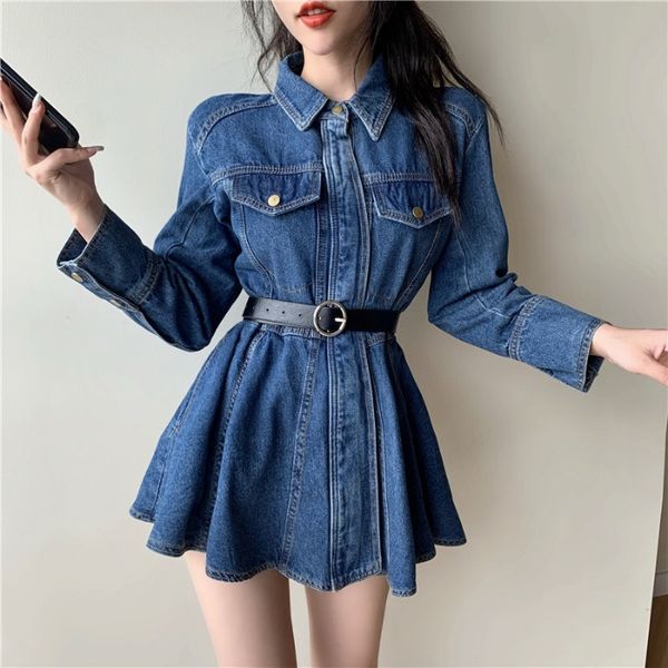 2021 spring new korean style fashion lapel ruffled waist and thin wild denim dress women, Black;gray
2021 spring new korean style fashion lapel ruffled waist and thin wild denim dress women, Black;gray