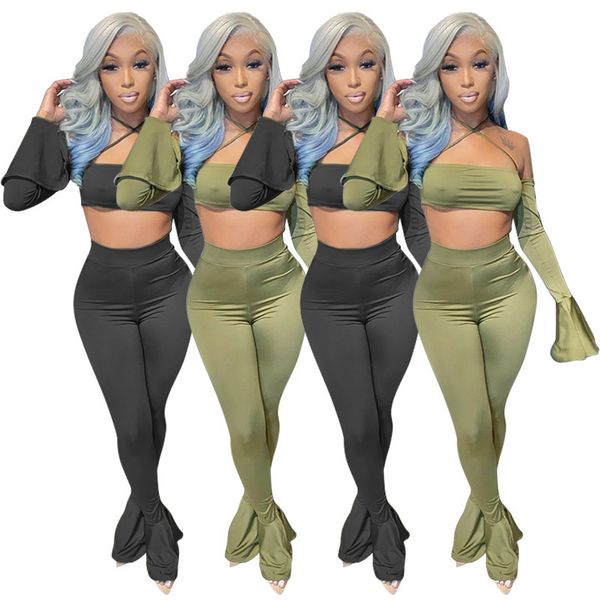 2021 new solid color strapless hanging neck flared sleeves crop and bodycon bottoms pants women two piece outfits casual suits 7jg, Gray
2021 new solid color strapless hanging neck flared sleeves crop and bodycon bottoms pants women two piece outfits casual suits 7jg, Gray