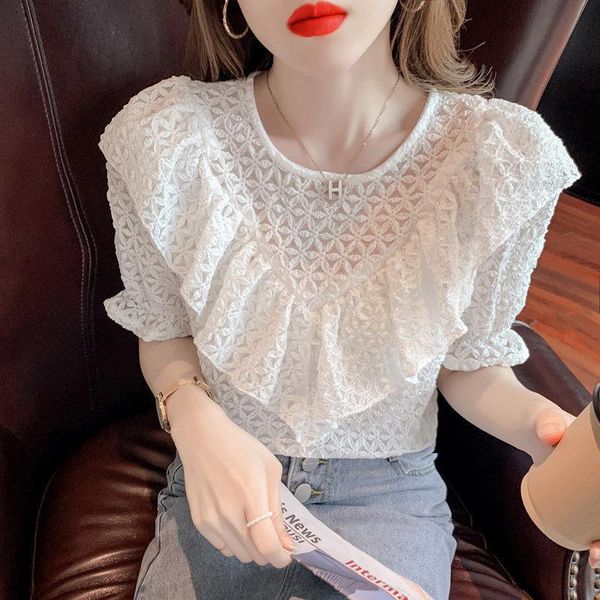 women's blouses & shirts puff sleeve lace shirt summer self-cultivation wild temperament hollow ruffled chiffon tide, White
women's blouses & shirts puff sleeve lace shirt summer self-cultivation wild temperament hollow ruffled chiffon tide, White