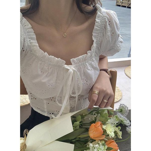 women's t-shirt square collar hollow short-sleeved shirt women 2021 summer korean sweet design drawstring short top, White
women's t-shirt square collar hollow short-sleeved shirt women 2021 summer korean sweet design drawstring short top, White