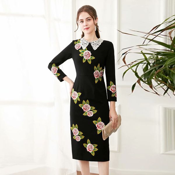 designer spring autumn new women's fashion party gentlewoman rose embroidery beading elegant slim midi dress qjmo, Black;gray
designer spring autumn new women's fashion party gentlewoman rose embroidery beading elegant slim midi dress qjmo, Black;gray