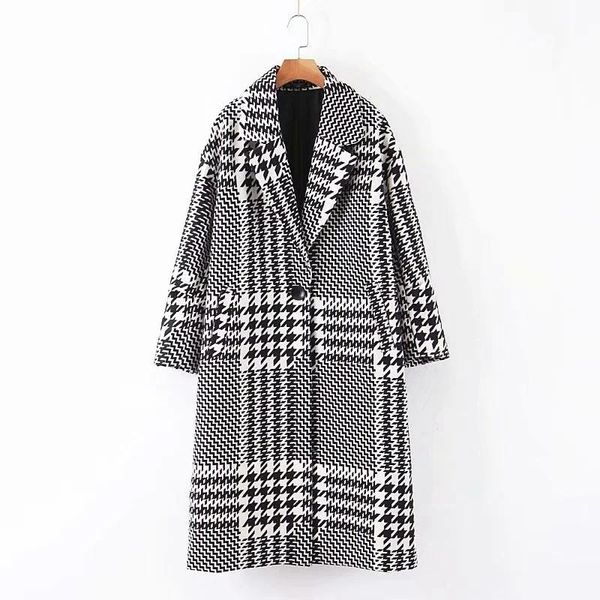 women's wool & blends vintage elegant houndstooth long woolen jacket women fashion single button side pockets turn-down collar coats ou, Black
women's wool & blends vintage elegant houndstooth long woolen jacket women fashion single button side pockets turn-down collar coats ou, Black