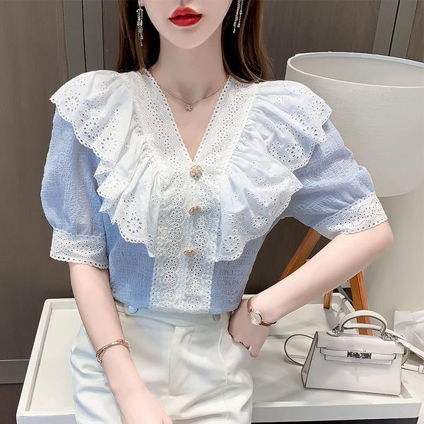 women's blouses & shirts sweet style lace women blouse summer 2021 v-neck ruffles hollow out short-sleeved slim elegant office lady out, White
women's blouses & shirts sweet style lace women blouse summer 2021 v-neck ruffles hollow out short-sleeved slim elegant office lady out, White