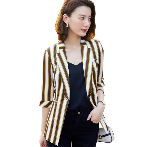 women's suits & blazers 2021 spring fashion white yellow striped ladies blazer women half sleeve formal work jacket for office busines, White;black
women's suits & blazers 2021 spring fashion white yellow striped ladies blazer women half sleeve formal work jacket for office busines, White;black