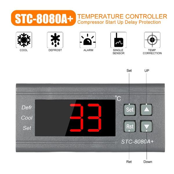 smart home control digital temperature controller stc-8080a+ refrigerator thermostat for automatic defrosting with ntc sensor probe
smart home control digital temperature controller stc-8080a+ refrigerator thermostat for automatic defrosting with ntc sensor probe