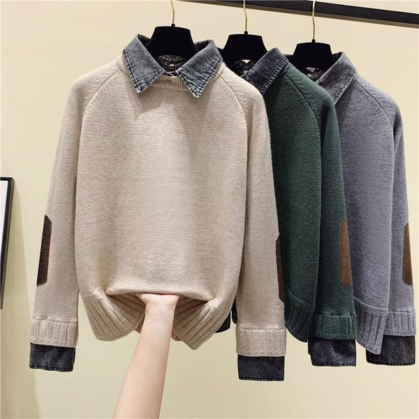 women's sweaters false denim knitted women sweater and pullovers solid casual all match female pulls outwear coats, White;black
women's sweaters false denim knitted women sweater and pullovers solid casual all match female pulls outwear coats, White;black