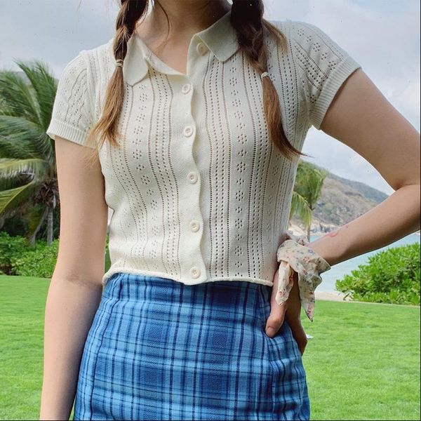 women sweater women mock crochet button through knitted polo crop tee drop shipping high quality, White;black
women sweater women mock crochet button through knitted polo crop tee drop shipping high quality, White;black