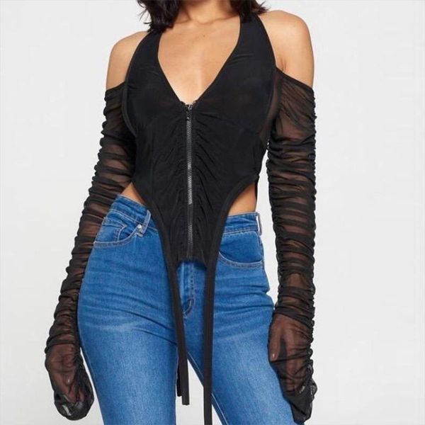 women's t-shirt 2021 fall v-neck halter lace-up mesh see-through long-sleeved woman high street tee korean streetwear basic costume kpo, White