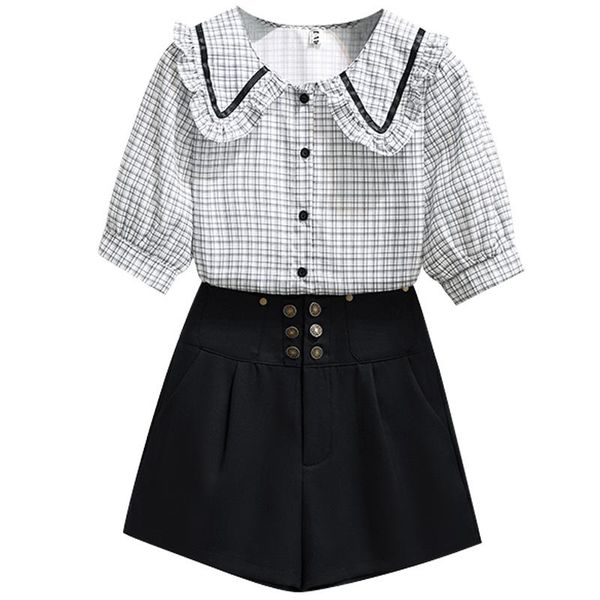 women's tracksuits summer fashion turn-down collar plaid two-piece sets buttons puff short sleeve clothing female, Gray
women's tracksuits summer fashion turn-down collar plaid two-piece sets buttons puff short sleeve clothing female, Gray
