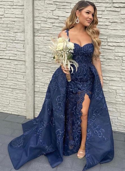 2022 plus size arabic aso ebi navy blue luxurious prom dresses lace beaded high split evening formal party second reception gowns dress zj22, Black
2022 plus size arabic aso ebi navy blue luxurious prom dresses lace beaded high split evening formal party second reception gowns dress zj22, Black