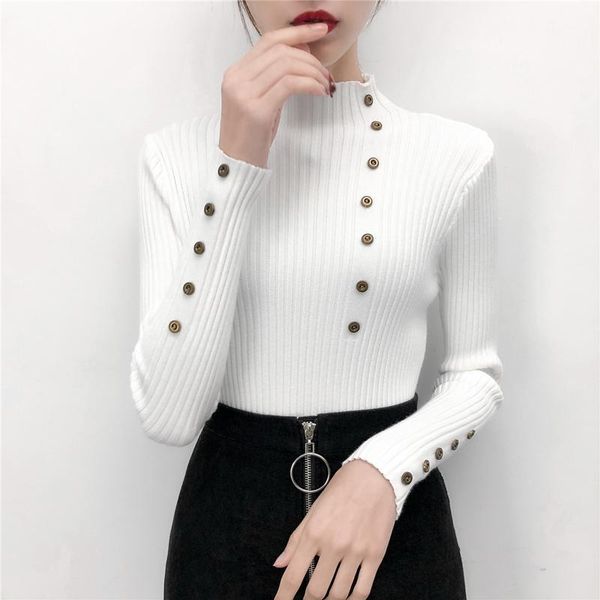 2021 women autumn knitted slim sweaters solid knitted female cotton soft elastic color pullovers button full sleeve turtleneck, White;black
2021 women autumn knitted slim sweaters solid knitted female cotton soft elastic color pullovers button full sleeve turtleneck, White;black