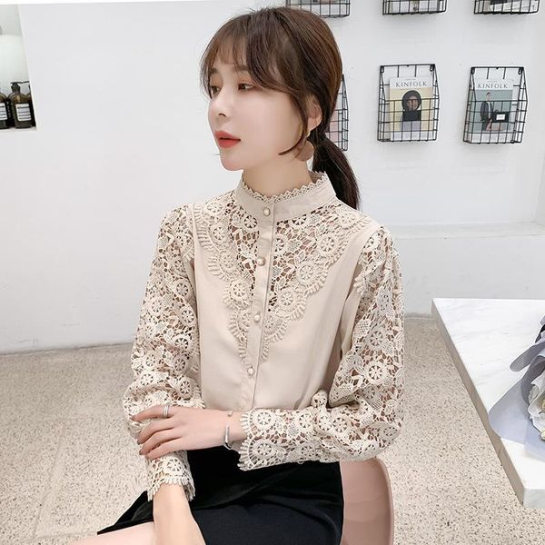 women's blouses & shirts 2021 spring chiffon shirt lace hollow splicing foreign style lantern sleeve top, White
women's blouses & shirts 2021 spring chiffon shirt lace hollow splicing foreign style lantern sleeve top, White