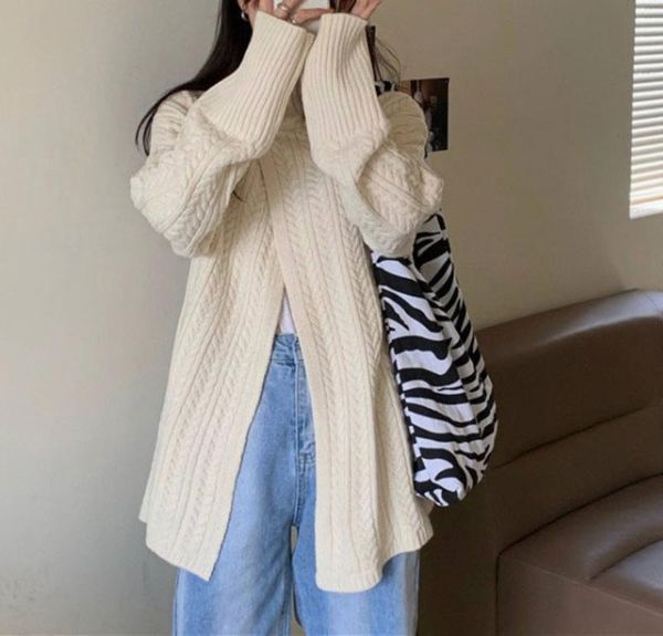 women's sweaters loose and versatile high neck pullover sweater autumn winter gentle design sense split long sleeve women, White;black
women's sweaters loose and versatile high neck pullover sweater autumn winter gentle design sense split long sleeve women, White;black
