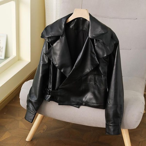 women's leather & faux autumn jacket women short casual lapel long sleeve pu clothing belt buckle placket concealed cuff s18800, Black
women's leather & faux autumn jacket women short casual lapel long sleeve pu clothing belt buckle placket concealed cuff s18800, Black