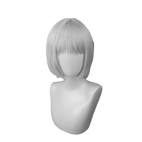 anime costumes linglong white yuekui cos wig ground survivor silver thickened hair middle part closed face broken short hair female cosplay, Black