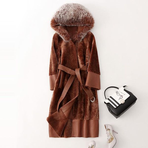 women's leather & faux fur-integrated fur coat, Black