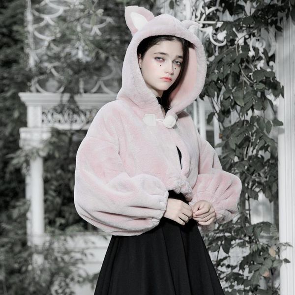 women's wool & blends punkrave gothic small ears drawstring hooded loose short coat daily wear cute plush keep warm jackets, Black
women's wool & blends punkrave gothic small ears drawstring hooded loose short coat daily wear cute plush keep warm jackets, Black