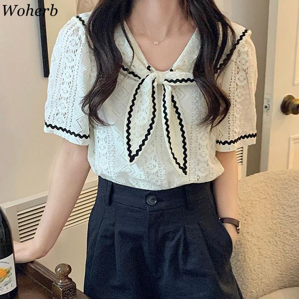 women's blouses & shirts woherb lace hollow-out blouse womens summer short sleeve bow collar shirt elegant korean blusas 2021 camisas, White
women's blouses & shirts woherb lace hollow-out blouse womens summer short sleeve bow collar shirt elegant korean blusas 2021 camisas, White