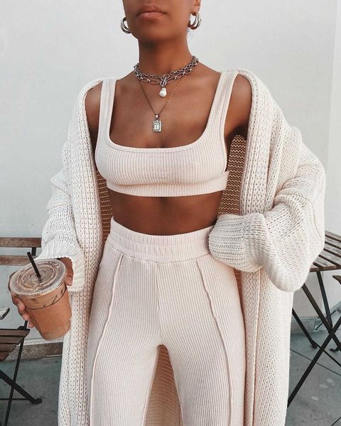 net red 2021 knitted casual autumn fashion pit strip vest pants two-piece set women's summer, White;black
net red 2021 knitted casual autumn fashion pit strip vest pants two-piece set women's summer, White;black