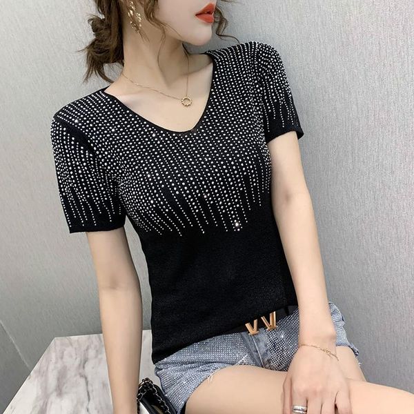 women's t-shirt v neck knit thin shirt casual summer short sleeve tee rhinestone office lady black shirts streetwear, White
women's t-shirt v neck knit thin shirt casual summer short sleeve tee rhinestone office lady black shirts streetwear, White