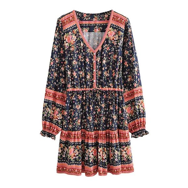 Bohemian Buttons Collar Floral Print Long Sleeve Short Dress Hippie Woman Adjustable Lacing up Waist Holiday Dresses BOHO, Red
Bohemian Buttons Collar Floral Print Long Sleeve Short Dress Hippie Woman Adjustable Lacing up Waist Holiday Dresses BOHO, Red