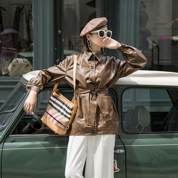 women's leather & faux khaki pu coat women spring 2021 korean biker streetwear loose long sleeve plus sashes mid-length jacket, Black
women's leather & faux khaki pu coat women spring 2021 korean biker streetwear loose long sleeve plus sashes mid-length jacket, Black