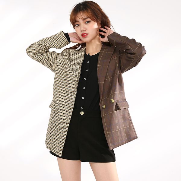 long sleeve patchwork plaid loose coat 2021 spring autumn new korea trend design outerwear hit color women blazer, Black;brown
long sleeve patchwork plaid loose coat 2021 spring autumn new korea trend design outerwear hit color women blazer, Black;brown