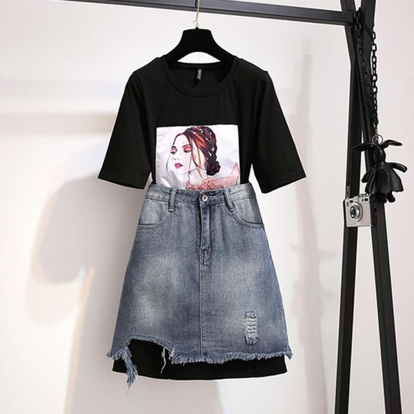 plus size tracksuits summer women 's denim skirt suit beaded cartoon print o collar long t-shirt + buttons tassel jean 2 piece set clot
plus size tracksuits summer women 's denim skirt suit beaded cartoon print o collar long t-shirt + buttons tassel jean 2 piece set clot