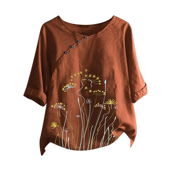 women's blouses & shirts floral printed button women casual o-neck loose cotton linen girl western style summer solid color female, White 
women's blouses & shirts floral printed button women casual o-neck loose cotton linen girl western style summer solid color female, White