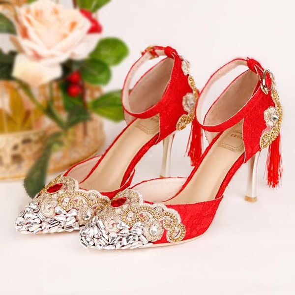 dress shoes 9cm high heels wedding red women pumps gold crystal lace stiletto ankle strap bridal pointed toe party ladies, Black
dress shoes 9cm high heels wedding red women pumps gold crystal lace stiletto ankle strap bridal pointed toe party ladies, Black