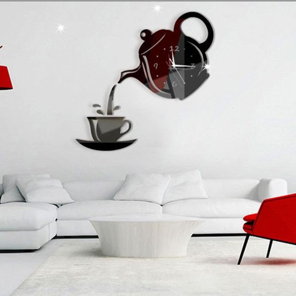 wall clocks teapot pours tea into cup pattern acrylic mirrored large clock silent living room decoration