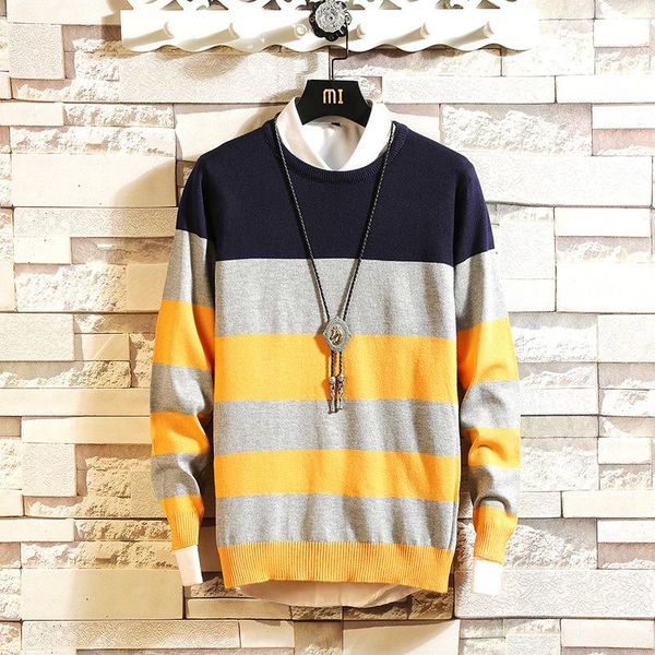 men's sweaters 2021 fall stripe contrast crew neck casual sweater m836, White;black