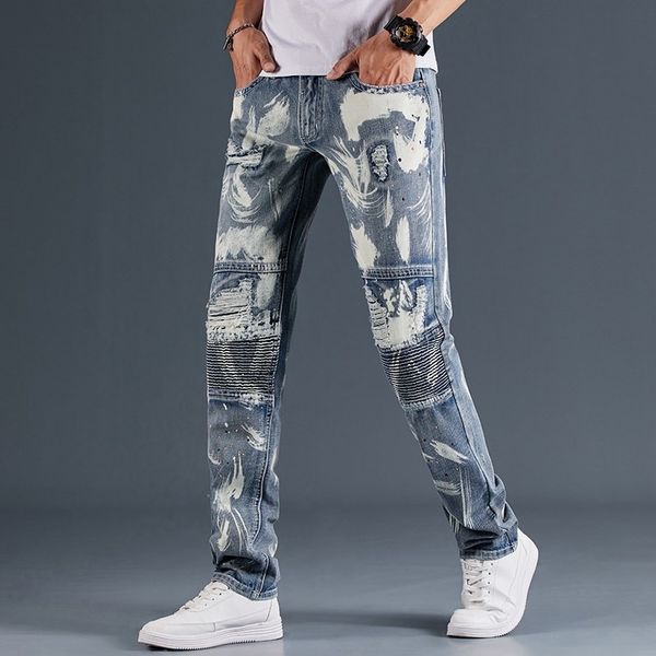men's jeans fashion torn hole distressed jeans printed vintage fine fitting casual pencil pants streetwear motorcycle cowboy brim txip, Blue
men's jeans fashion torn hole distressed jeans printed vintage fine fitting casual pencil pants streetwear motorcycle cowboy brim txip, Blue