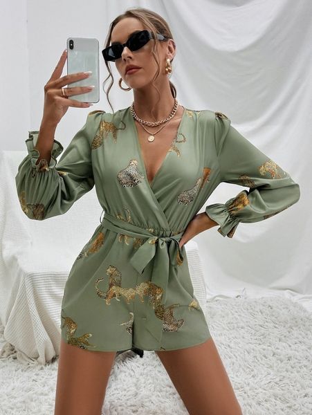 leopard print flounce sleeve belted romper v9bb#, White
leopard print flounce sleeve belted romper v9bb#, White