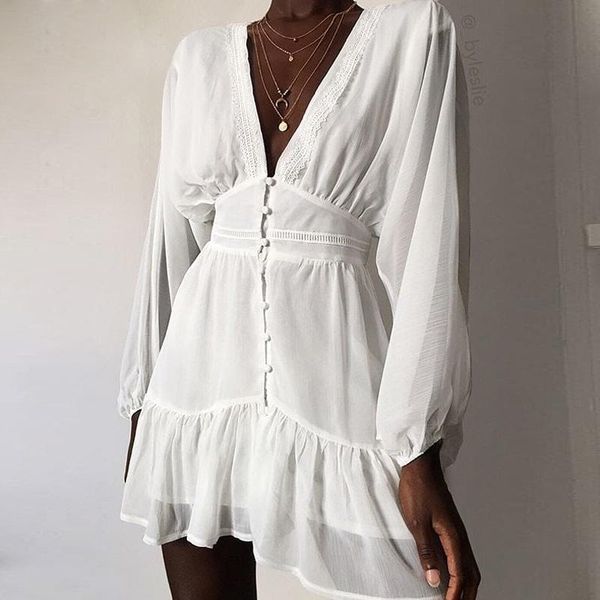 casual dresses puloru elegant women long lantern sleeve white chiffon dress see-through lace trim v-neck button-down mini a-line party wear, Black;gray
casual dresses puloru elegant women long lantern sleeve white chiffon dress see-through lace trim v-neck button-down mini a-line party wear, Black;gray