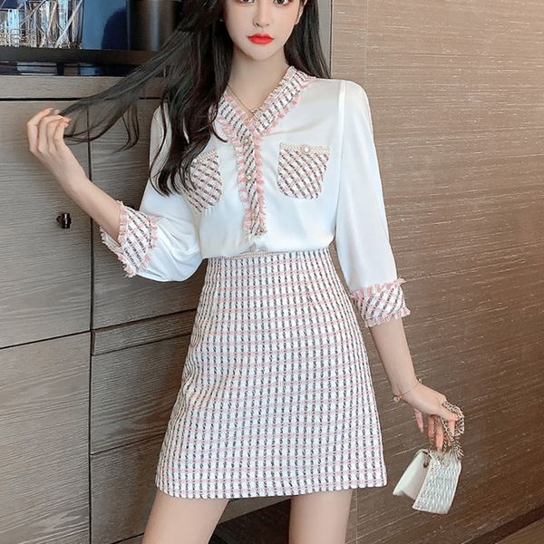 2021 new autumn elegant sweet 2 chiffon patchwork shirt blouse & mini skirt set women two piece outfits student suits x5vv, Black;gray
2021 new autumn elegant sweet 2 chiffon patchwork shirt blouse & mini skirt set women two piece outfits student suits x5vv, Black;gray