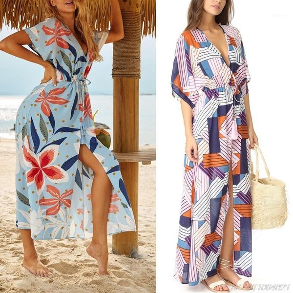 women half sleeve bikini swimsuit cover up boho geometric print beach maxi dress drawstring waist split kaftan beachwear 2021 women's s, White;black
women half sleeve bikini swimsuit cover up boho geometric print beach maxi dress drawstring waist split kaftan beachwear 2021 women's s, White;black