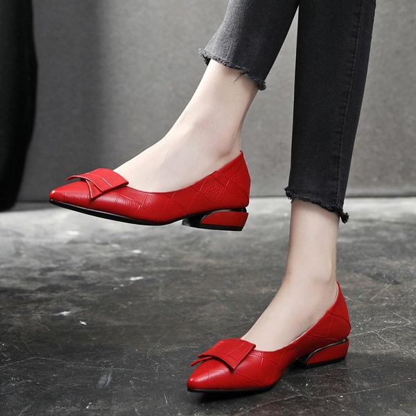 dress shoes low heel leather single women's spring 2021, Black