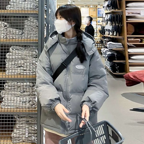 grey hooded cotton padded clothes women's autumn and winter thickened bread small coat, Black