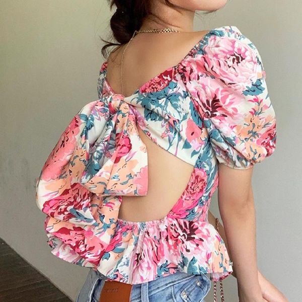 women's t-shirt printed straps bowknot women fashionable temperament waist woman vacation backless puff sleeve short ladies, White
women's t-shirt printed straps bowknot women fashionable temperament waist woman vacation backless puff sleeve short ladies, White