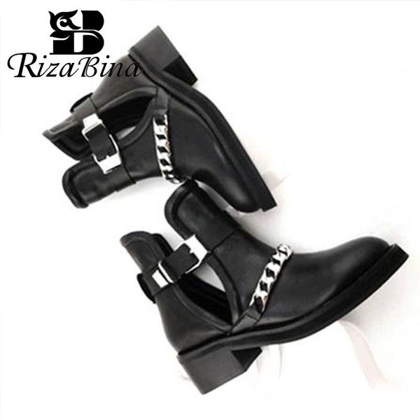 boots rizabina woman ankle thick heel metal chain buckle summer shoes fashion club footwear size 33-45, Black