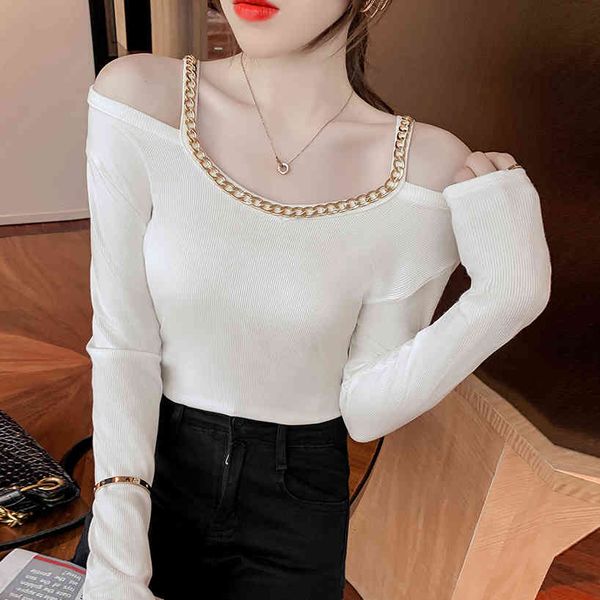 women's sweaters shirt long sleeve and shoulder out, with chain, korean autumn clothes ujsy, White;black
women's sweaters shirt long sleeve and shoulder out, with chain, korean autumn clothes ujsy, White;black