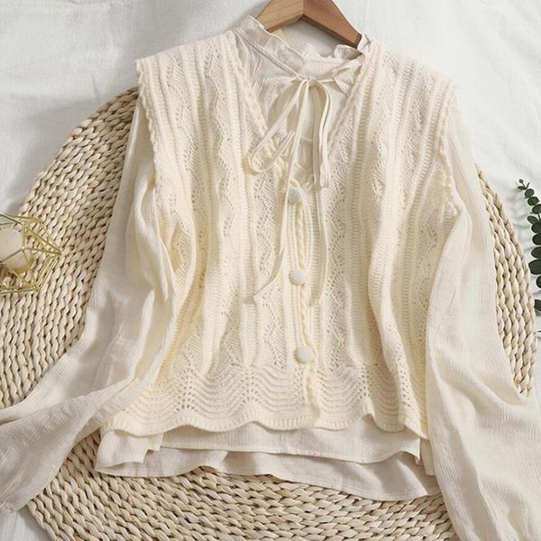 women's blouses & shirts 2021 autumn casual fashion 2 pcs women set lotus leaf collar long sleeve sweet shirt + single-breasted knitted, White
women's blouses & shirts 2021 autumn casual fashion 2 pcs women set lotus leaf collar long sleeve sweet shirt + single-breasted knitted, White