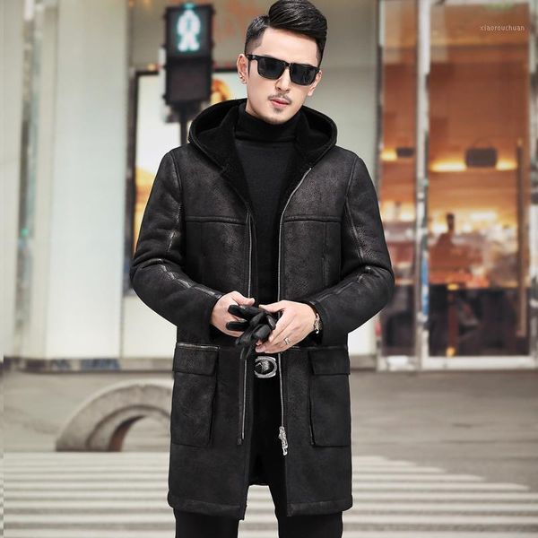 

men's leather & faux real fur coat men sheep shearing winter genuine jacket natural wool hooded windbreaker 808 yy795, Black