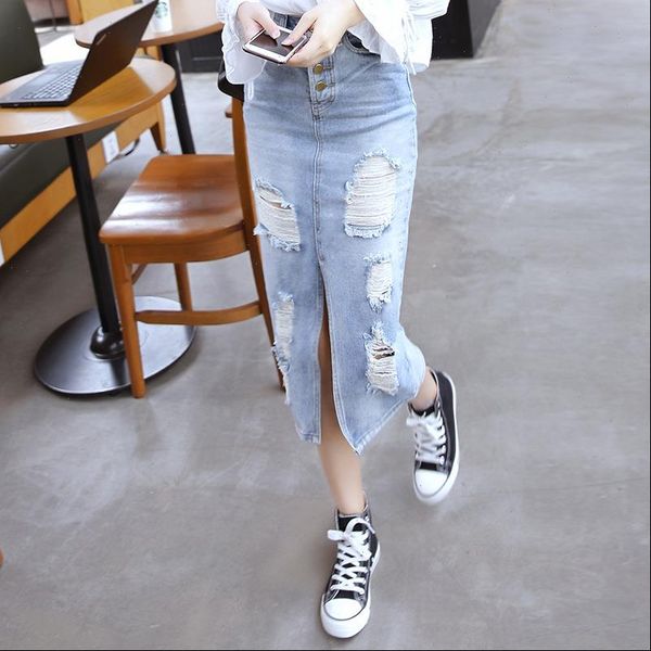 fashion bodycon denim skirts womens single breasted ripped hole vintage jeans skirts high waist split long skirt, Black
fashion bodycon denim skirts womens single breasted ripped hole vintage jeans skirts high waist split long skirt, Black