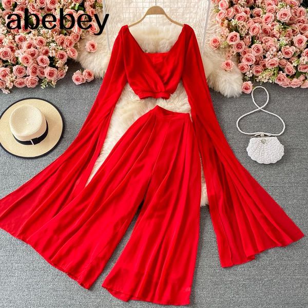 women's two piece pants 2021 spring autumn temperament v-neck flare sleeve short shirt + high waist casual wide leg set, White 
women's two piece pants 2021 spring autumn temperament v-neck flare sleeve short shirt + high waist casual wide leg set, White