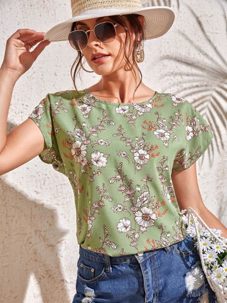 batwing sleeve allover floral print o3pl#, White