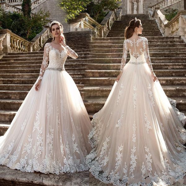 2020 luxury champagne plus size wedding dresses sheer neck illusion long sleeves lace appliques sash bridal gowns princess bride dresses, White
2020 luxury champagne plus size wedding dresses sheer neck illusion long sleeves lace appliques sash bridal gowns princess bride dresses, White