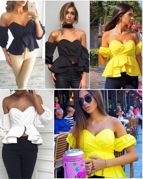 fashion women off shoulder puff sleeve ruffle v-neck peplum crop summer loose strapless casual solid color shirts blouse, White
fashion women off shoulder puff sleeve ruffle v-neck peplum crop summer loose strapless casual solid color shirts blouse, White