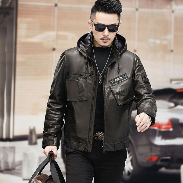 men's leather & faux 2021 real clothes first layer sheep hooded genuine jacket short slim casual coat, Black
men's leather & faux 2021 real clothes first layer sheep hooded genuine jacket short slim casual coat, Black
